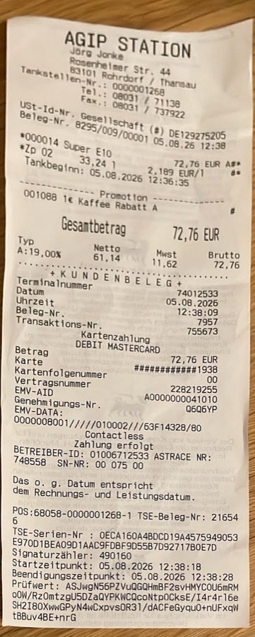 Schief fotografiert, im Schatten — so hat Sepp den Beleg zurückgeschickt